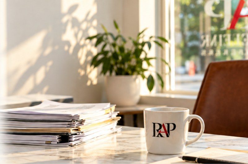 A stack of paperwork and a Riverview mug on the desk at the Nyack office